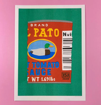 Hot tomato sauce can on a green background