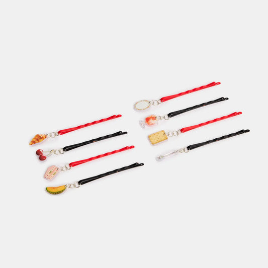 Set of black and red Bobby pins  with various charms